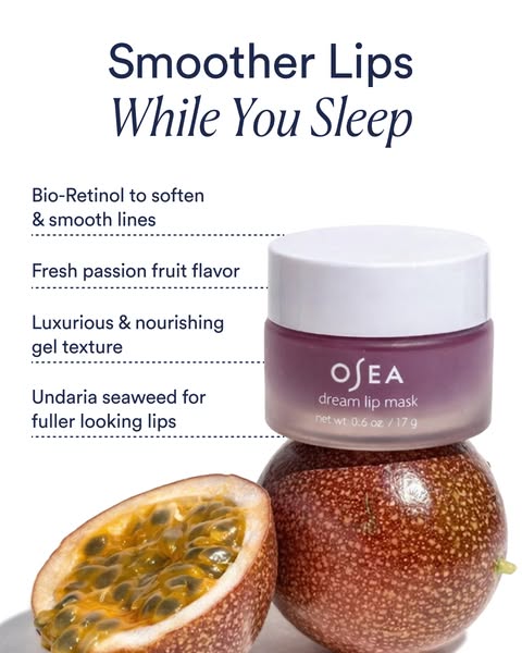 This ad promotes OSEA's dream lip mask, highlighting its key ingredients and benefits. The ad features a visually ap