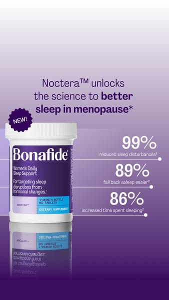 The ad promotes Bonafide Noctera, a dietary supplement designed to help women experiencing sleep disruptions due to horm