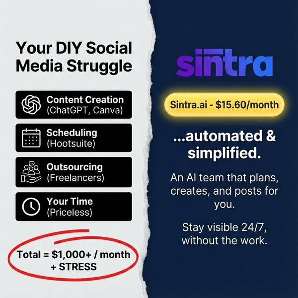 This ad highlights the struggles of DIY social media management and positions Sintra as an automated and simplified solu