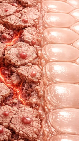 This image ad shows the difference between skin that is cracked, dry, and inflamed compared to moisturized and healthy-l