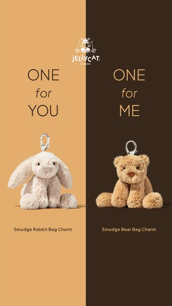 This ad features two Jellycat bag charms, a rabbit and a bear, presented side-by-side on contrasting backgrounds. The ad