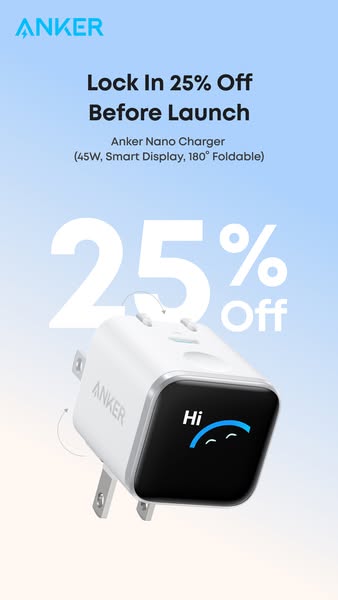 This ad promotes the Anker Nano Charger, highlighting its features and offering a 25% discount before launch.