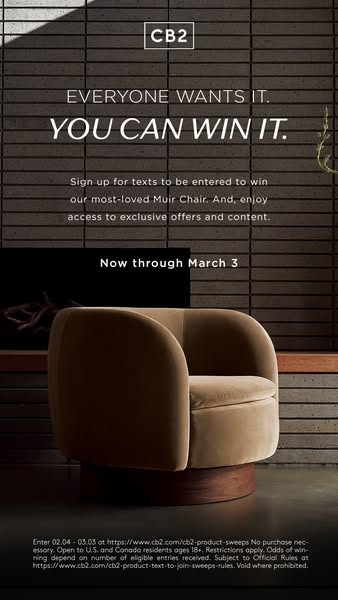 This ad promotes a sweepstakes where users can win a Muir Chair and gain access to exclusive offers and content by signi