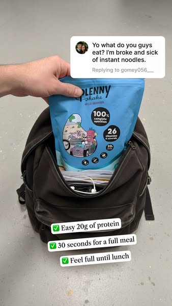 This ad highlights Plenny Shake as a quick and easy meal replacement for people who are tired of eating instant noodles.