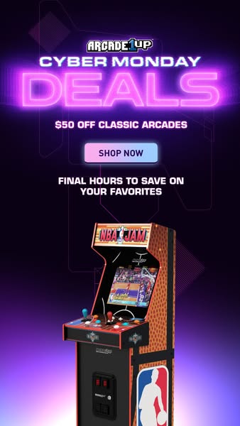 This image ad promotes Arcade1Up's Cyber Monday deals, offering $50 off classic arcades for a limited time.