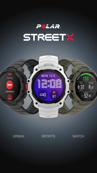 This ad showcases the Polar Street X watch in three different colors, highlighting its urban, sports, and watch function