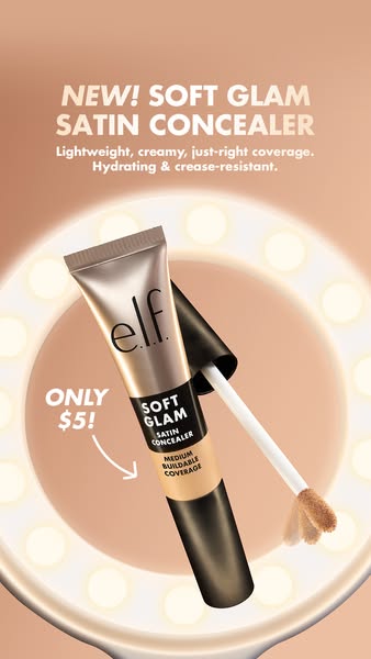 This ad promotes e.l.f.'s Soft Glam Satin Concealer, highlighting its lightweight, creamy texture, buildable coverag