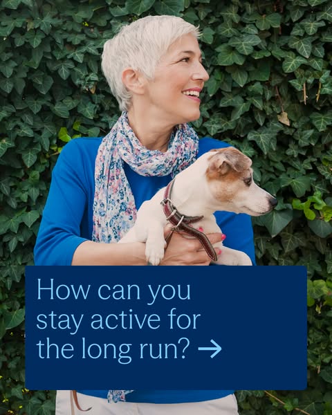 This ad features a woman holding a dog and asks, 'How can you stay active for the long run?' with an arrow point