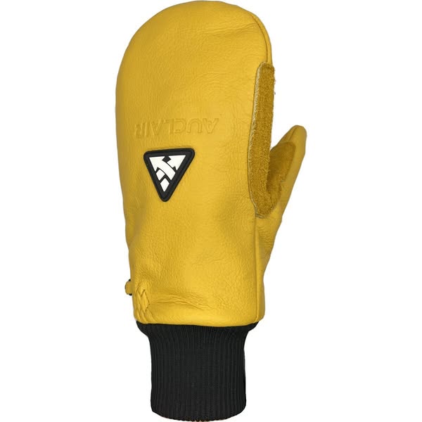 This ad features a single Auclair yellow leather mitten against a white background. The ad focuses on the mitten's d