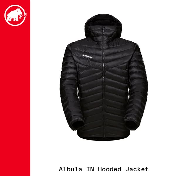 This ad showcases the Mammut Albula IN Hooded Jacket. The ad features a product shot of the jacket against a white backg
