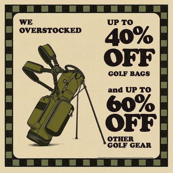 This static image ad for Sunday Golf promotes a sale of up to 40% off golf bags and up to 60% off other golf gear.