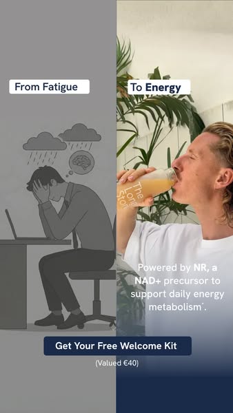 Split-screen ad showing a man suffering from fatigue on one side, and drinking The Long Store beverage on the other side