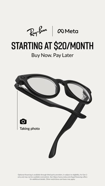 This image ad promotes Ray-Ban Meta smart glasses with a focus on affordable financing options and the built-in camera f