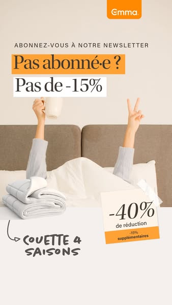 This image ad promotes Emma's four-season comforter and encourages viewers to subscribe to the newsletter for a disc