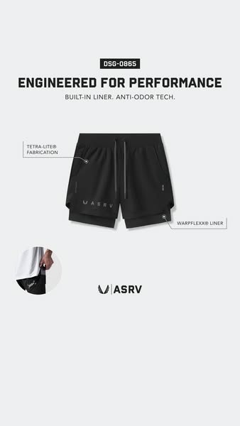 This ad showcases ASRV's DSG-0865 athletic shorts, highlighting their engineered performance, built-in liner, anti-o