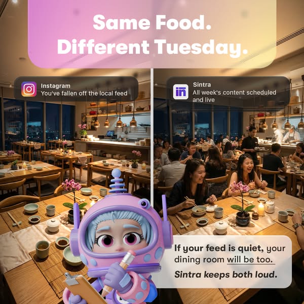 This ad uses a split screen to highlight the different results that Sintra produces on LinkedIn versus not using Sintra 