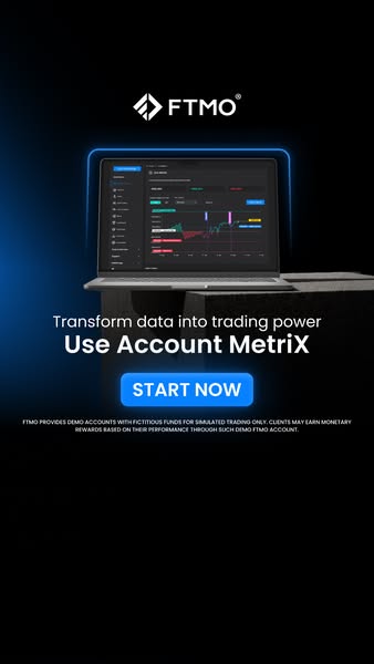 This ad promotes FTMO's Account Metrix, which transforms data into trading power. It encourages users to start now w