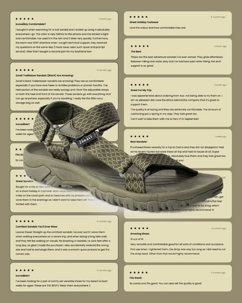 This ad features a compilation of customer testimonials praising the comfort, versatility, and quality of Zorali Trailbl
