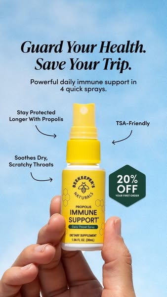 This image ad for Beekeeper's Naturals promotes their Propolis Immune Support Daily Throat Spray as a convenient and