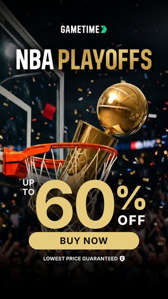 This image ad promotes a sale on tickets to NBA playoff games through Gametime. It features the NBA championship trophy 