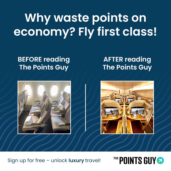 This ad for The Points Guy uses a before and after comparison to show the difference between flying economy and first cl