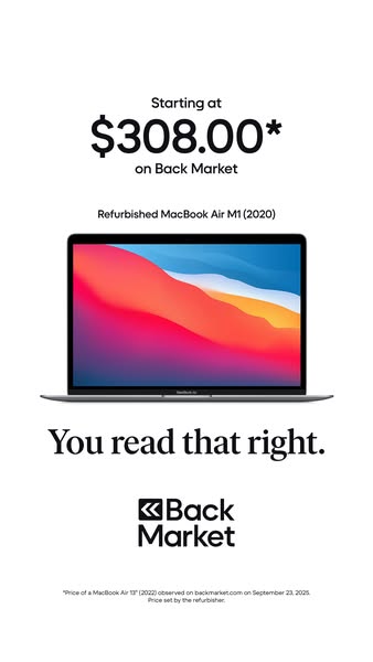 This ad for Back Market features a refurbished MacBook Air M1 (2020) with a starting price of $308.00. The ad emphasizes