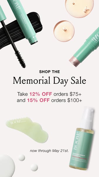 This Memorial Day ad for Boom! by Cindy Joseph features the brand's beauty products in a minimalist layout, highligh