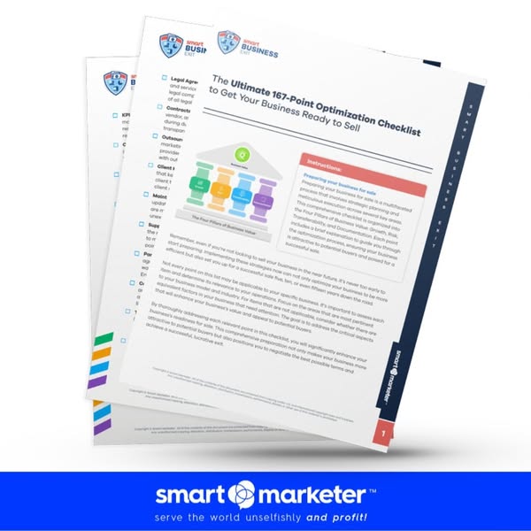 This ad promotes a 167-point optimization checklist to help businesses prepare for sale, emphasizing strategic planning 