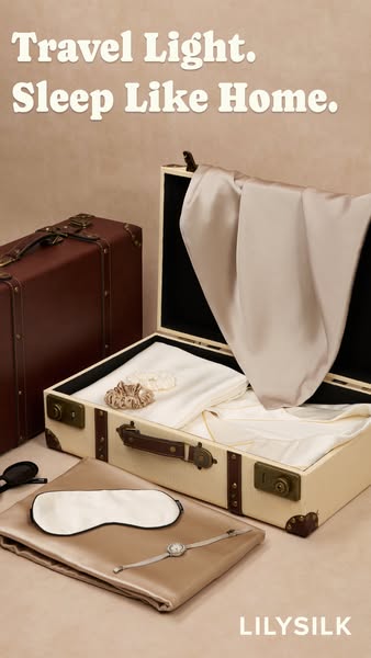 This ad for LILYSILK promotes their silk travel set, including a pillowcase, eye mask, and scrunchies, by showcasing the