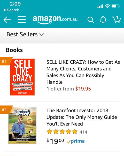 This ad shows a screenshot of an Amazon best-sellers list for books. Two books are featured: "Sell Like Crazy"