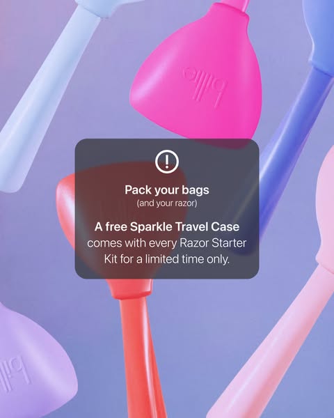 This image ad promotes Billie's Razor Starter Kit and a limited-time offer of a free Sparkle Travel Case with every 
