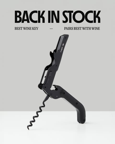 This image ad showcases a sleek, all-black wine key set against a gray and white background to emphasize its return to s
