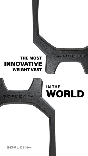 This ad showcases the GORUCK weight vest, emphasizing its innovative design and global recognition. The ad uses a minima
