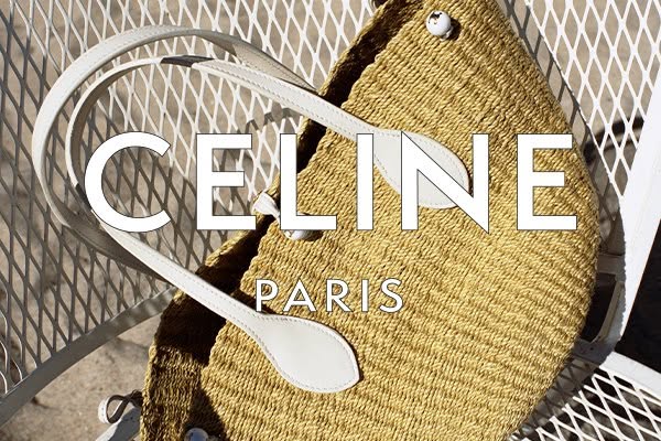 This ad showcases the Celine brand and one of their woven basket bags with white leather straps, positioned on a white, 
