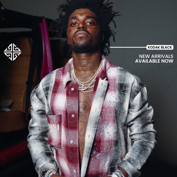 This Meta image ad features Kodak Black showcasing new arrivals, specifically a jeweled flannel shirt. The overall look 