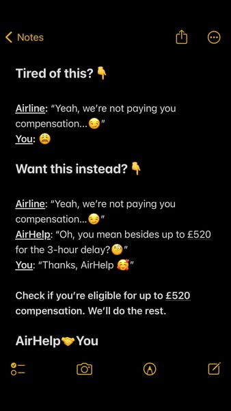 This ad uses a screenshot of a note to highlight the frustration of dealing with airlines and positions AirHelp as a sol
