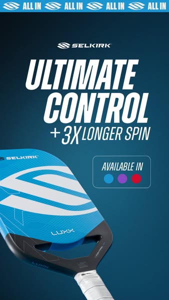 This ad for Selkirk promotes their LUXX pickleball paddle, highlighting its ultimate control and 3x longer spin. The ad 