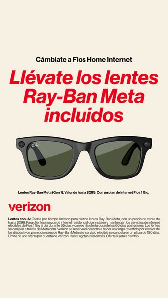 The ad promotes Verizon Fios Home Internet with an offer to receive Ray-Ban Meta glasses with the purchase of the intern