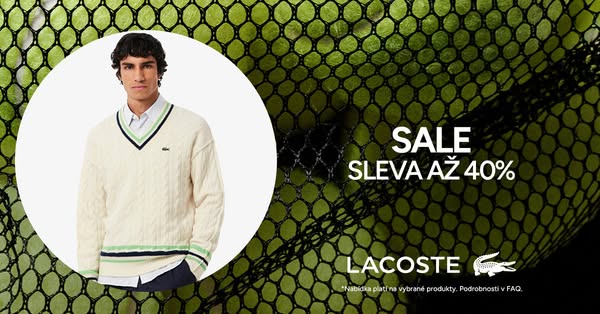 This image ad from Lacoste features a man wearing a cream-colored cable knit sweater with green and navy detailing, set 