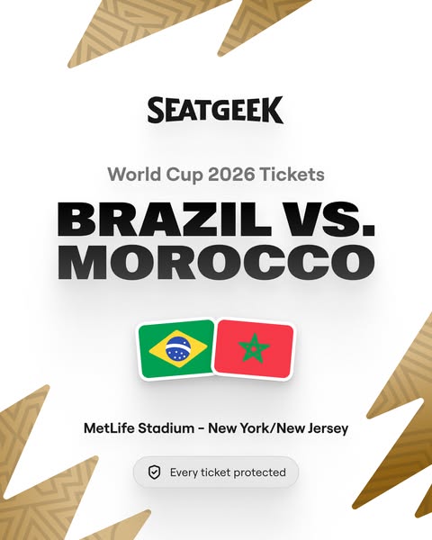 This image ad by SeatGeek promotes tickets for the World Cup 2026 game between Brazil and Morocco at MetLife Stadium in 