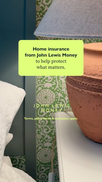This image ad for John Lewis Money promotes their home insurance offering. The scene features a close-up of a bedroom se