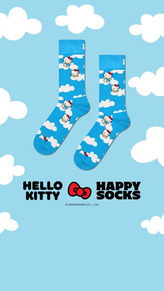 This image ad showcases a pair of blue socks from Happy Socks featuring Hello Kitty sitting on a cloud. The ad is visual