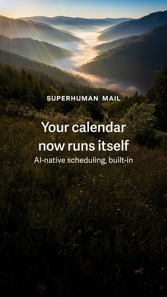 This image ad for Superhuman Mail highlights the platform's AI-native scheduling feature, positioning it as a tool t