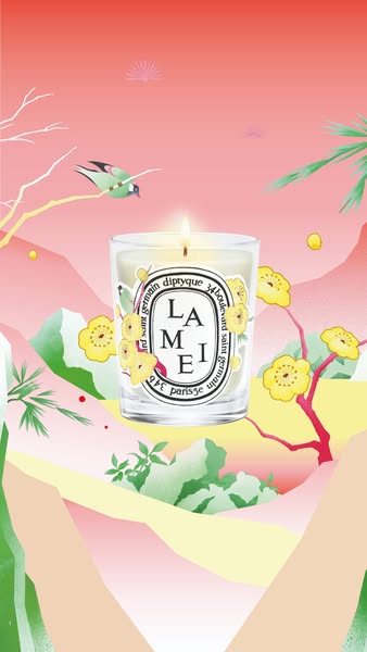 An image ad of a Diptyque candle that features an illustration of a peach blossom tree.
