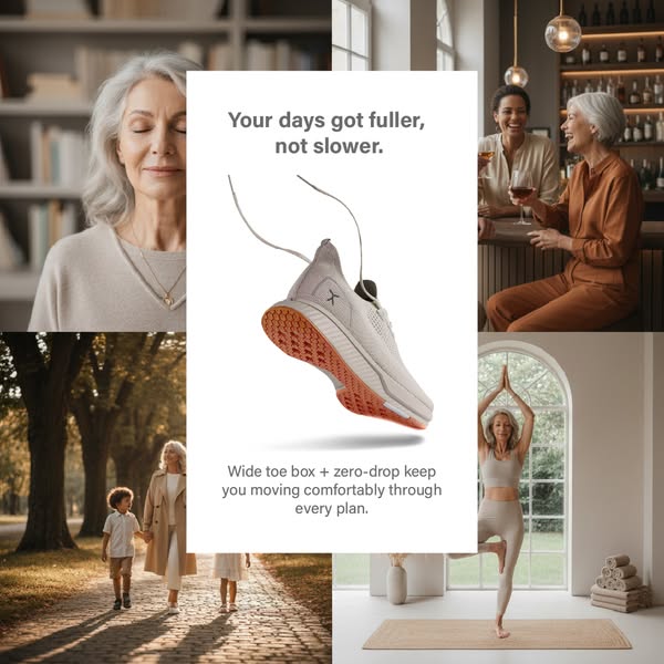 This image ad promotes a brand of athletic shoes designed for women over 50. The ad features a collage of lifestyle imag