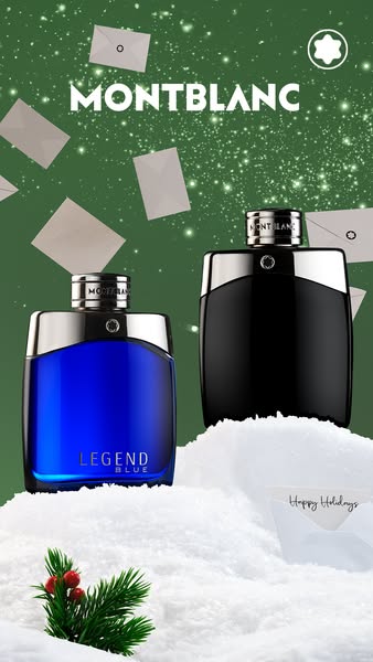 This ad showcases two Montblanc fragrances, Legend and Legend Blue, in a festive holiday setting with a green background