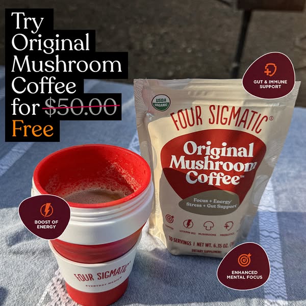 This image ad promotes Four Sigmatic's Original Mushroom Coffee. It features a special offer of a free product, emph