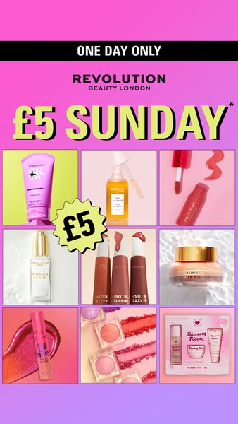 This Meta image ad promotes Revolution Beauty's flash sale with the tagline '£5 SUNDAY'. The ad showcases a 
