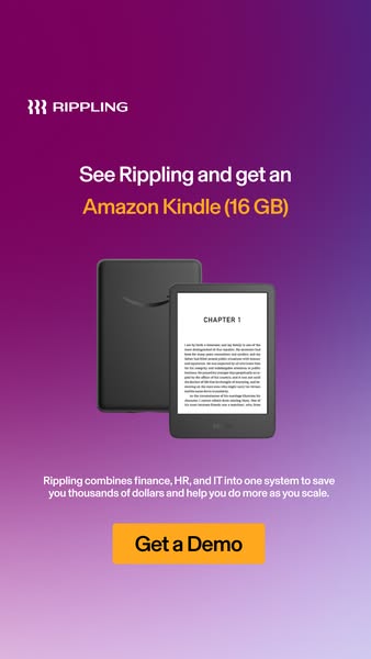This ad promotes Rippling, a system that combines finance, HR, and IT, by offering a free Amazon Kindle (16 GB) to those