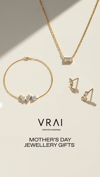 Image ad promoting VRAI created diamonds jewellery as a Mother's Day gift idea.